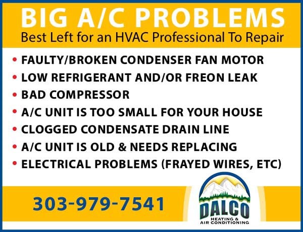 Graphic image showing the variety of broken ac problems you should call a professional HVAC professional to fix, like Dalco Heating & Air Conditioning in Denver